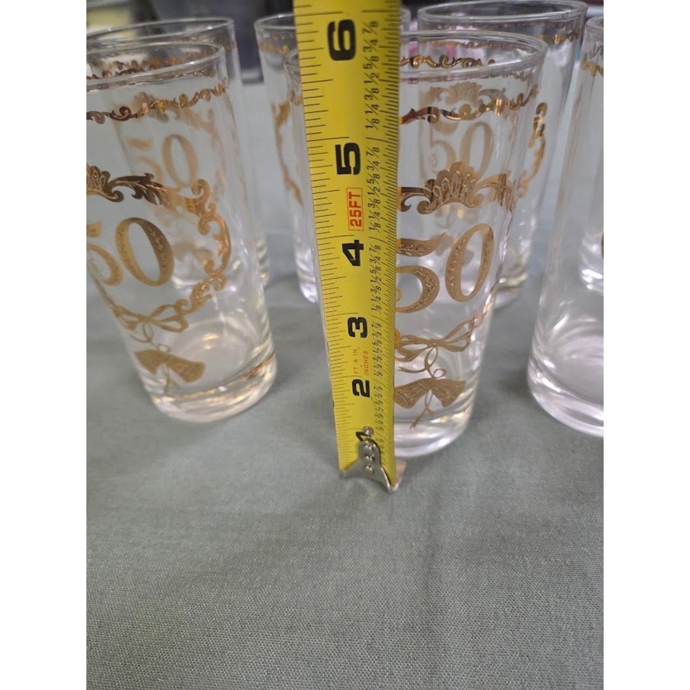 Vintage 50th Anniversary Gold Gilt Highball Glasses Set of 7 Mid Century Modern - Picture 4 of 5